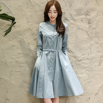 

Yutang morning 2017 fashion Slim A word skirt solid color Korean version of the long paragraph long sleeves dress autumn S71R0062 blue S
