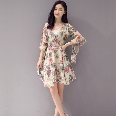 

Long Yue women&39s V-neck chiffon print dress seven sleeves Slim waist floral skirt skirt skirt LWQZ174108 apricot