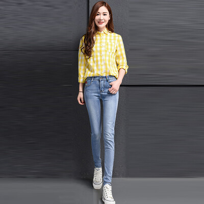 

VIVAHEART Korean casual embroidery foot pants Slim stretch pencil jeans female VWKN172243 light blue 26