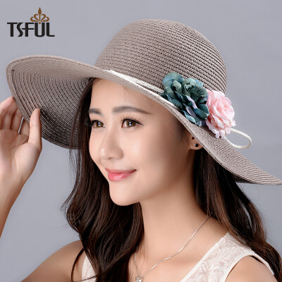 

Tsful TS01820MZ hat female visor summer sun protection sun hat UV woven flower straw hat folding big hat khaki gray