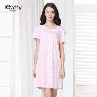 

iCoffy Women Pajamas Summer Floral Round Collar Casual Cotton Sleeping Skirt Home Service OF7012 Pink