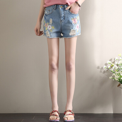 

City Plus CITYPLUS Faculty of Arts Wind embroidery loose large size was thin embroidered hot pants burr hole denim shorts CWDK174155 light blue 28