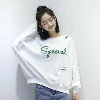 

City plus CITYPLUS literary Fan collar collar hole letters were thin sweater printing long paragraph loose long-sleeved T-shirt female CWTC174476 white