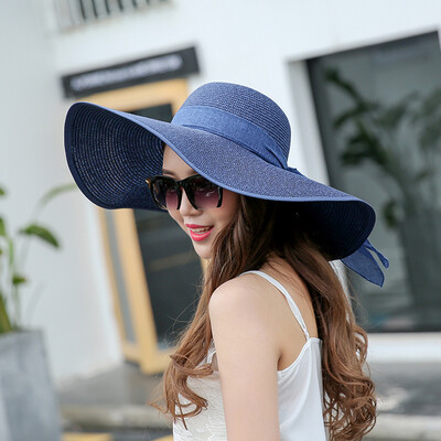 

Dusenna DUSENNA sun hat female summer sun hat woman big along the beach hat sunscreen straw hat anti-UV cover Korean version of the cooler bow tie blue