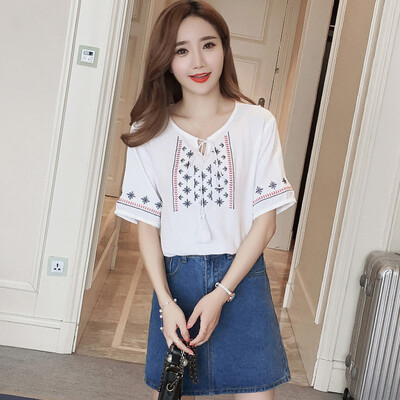 

Long Yue Women&39s Arts loose T-shirt embroidered short-sleeved linen shirt underwear LWTD174218 white