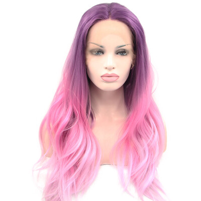 

Anogol 2 Tones Natural Wave Purple Ombre Pink Glueless Heat Resistant Fiber Wigs Synthetic Lace Front Wig