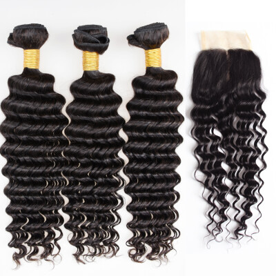 

Top 8A Peruvian Deep Wave Lace Closure with Bundles Virgin Human Hair Weft Extensions 4x4 Natural Color Free Part Closure