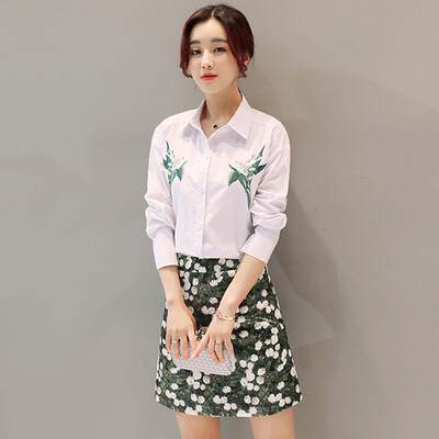 

Long Yue Women Korean Embroidered Dress Long Sleeve Shirt A Word Skirt Set LWQZ172422 White