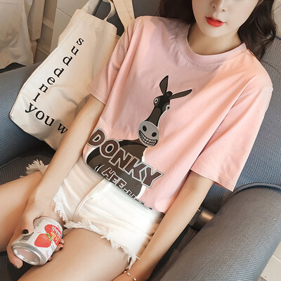 

Long Yue Women Korean loose cartoon print short-sleeved T-shirt fashion wild letter half-sleeve primer shirt LWTD172205 pink M