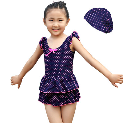 

Yi Zi EZI children&39s conjoined skirt swimsuit sweet bright color point swimming cap Ezi10098 navy blue 110cm