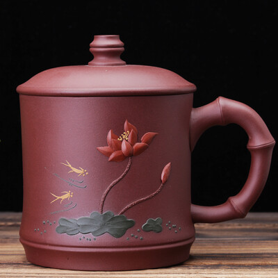

Jun Li Xuan Zisha Cup Yixing hand-painted red mud with a lid water cup cups Shuangyu lotus 500ml