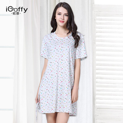 

ICoffy Women&39s Pajamas Summer Floral Round Collar Casual Cotton Sleeping Skirt Home Service OF7012 Blue
