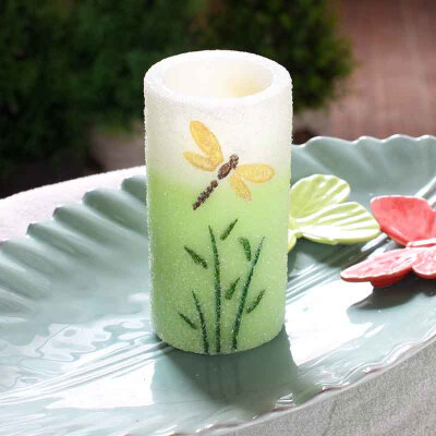 

DFL spring electronic flameless led candle, decorated with green Dragonfly and embossed Purple Butterfly, 7.6X15.2 cm