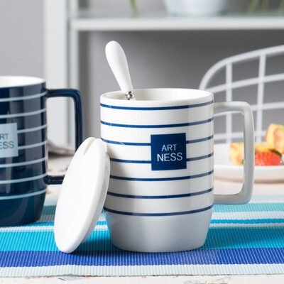 

Porcelain soul ceramic with lid with spoon cups simple coffee cups large capacity creative personality couple cups mugs line life white stripes A