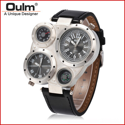 

OULM 9415 Multiple Time Zone Japan Quartz Movement Men Sport Thermometer Compass Decoration Leather Strap Oulm Military Watch