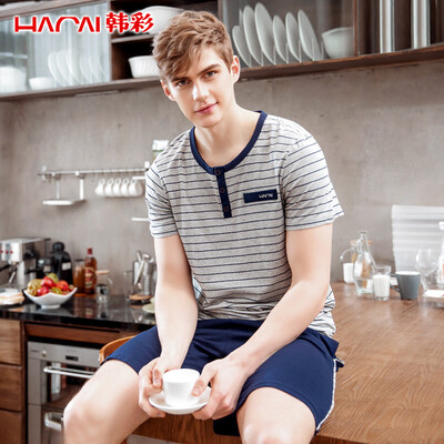 

Jingdong supermarket Han Choi HACAI pajamas male short-sleeved stripes modal cotton pajamas home service sets Baolan 175100