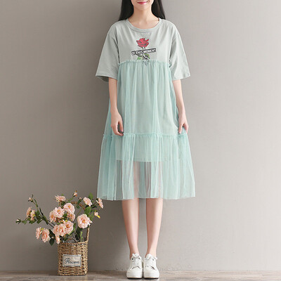 

City Plus CITYPLUS Arts & Crafts Relaxed Round Shaped Print Short Sleeve T-Shirt Splicing Net Yarn Dresses Female CWQZ174457 Light Blue M