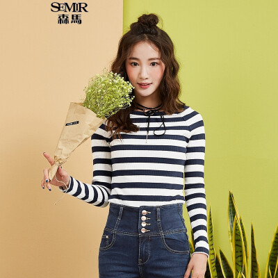 

Semir Knitwear Female 2017 Fall Slim Shiny Sweet Striped Stretch Stretch 12316010201 Blue&White Tone XS