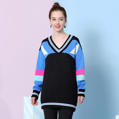 

Mark Huafei Women 2017 spring&summer new V-neck sweater in the long section of the striped sweater black M