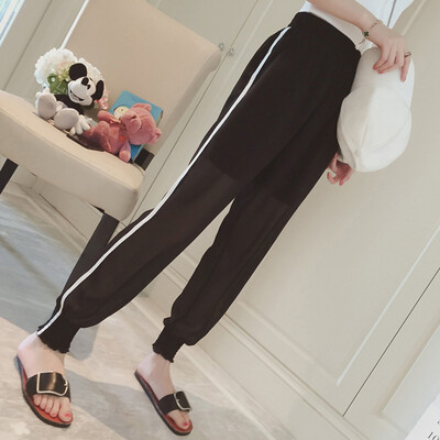 

sustory ladies 2017 summer section side stripes loose chiffon harem pants women leisure movement was thin high waist feet pants SU286 black M
