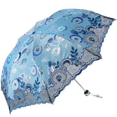 

Paradise umbrella kapok color three fold ultra-light embroidered parasol 33199E blue