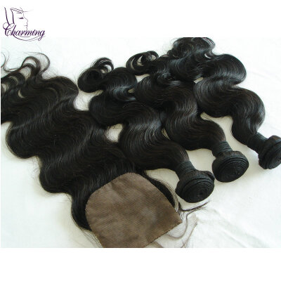 

Brazilian Body Wave Hair Bunldes With Lace Closure Virgin Human Hair Silk Lace Closure 4PCS Lot Human Hair Weft With Silk Base Clo