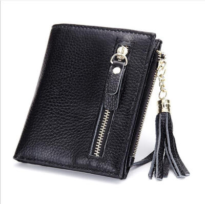 

Fashion short paragraph wallet ladies first layer of leather simple and thin women tassel wallets