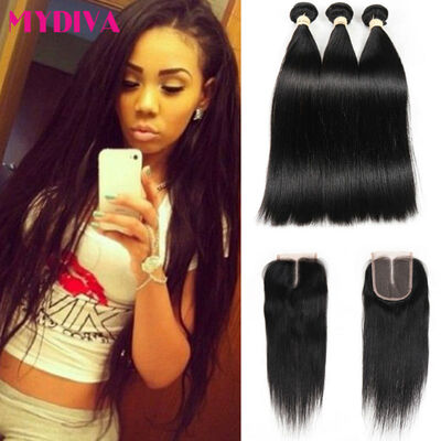 

Brazilian Straight Hair 3 Bundles With Lace Closure Middle Part 4 pcslot 100 Unprocessed Human Hair Weave Extensions