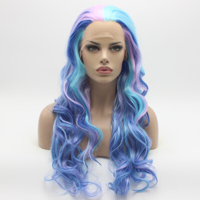 

Iwona Hair Wavy Long Light Purple Blue Pink Mix Wig Half Hand Tied Heat Resistant Synthetic Lace Front Wig