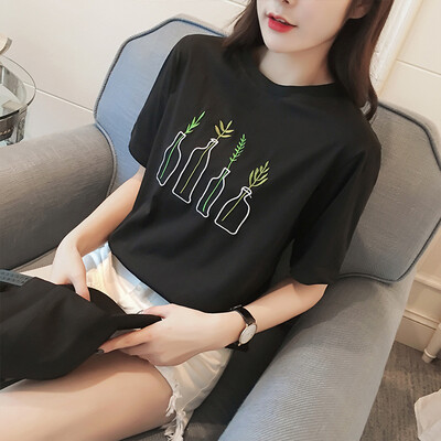 

Long Yue Women Korean version of the small fresh embroidery printing short-sleeved T-shirt loose round collar fashion wild shirt LWTD172206 black L