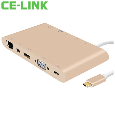 

CE-LINK Тип-C адаптер UBS-C в HDMI / VGA / Mini dp / сетевой порт / USB3.0 конвертер концентратор многофункциональная док-станция Mac аксессуары перезаряжаемое золото 1518