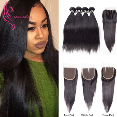 

7A Peruvian Virgin Hair 4 Bundles Straight with Closure Hair Bundle with Closure 4x4 Inch Free Part Soft and Bouncy 1B Color