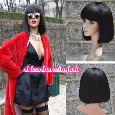 

rihanna style straight full bang bob human hair lace wig 130% density virgin bob hair wig