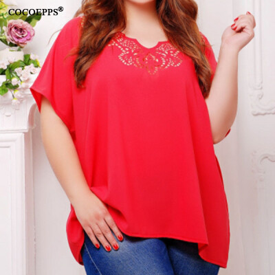 

COCOEPPS Chiffon Casual Lace Summer Tops Big size 2017 Solid Short Sleeve V-Neck Plus Size Women Blouse Feminine Clothing -6XL