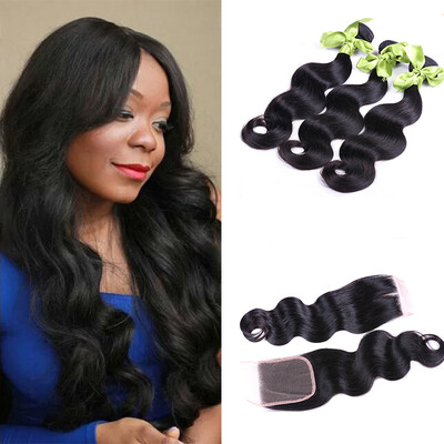 

100 Brazilian Virgin Hair With Closure Body Wave 3 Bundles With Closure Brazilian Body Wave Hair Weaves With Closure 4PcsLot