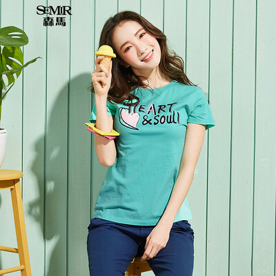 

Semir Semir short sleeve T-shirt summer round neck print Korean version of the cotton half-sleeved T-shirt 12216000005 pink green L