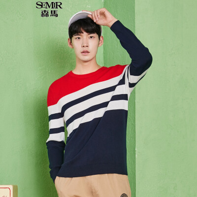 

Semir Knitwear Men's Round Collar Head Striped Striped Color Sweater Tide 14316071013 Blue Red Tone