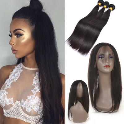 

360 Lace Frontal With Bundles 7A Бразильские прямые волосы Девы с закрытием 360 Кружевное полотно Фронтальное закрытие со связями