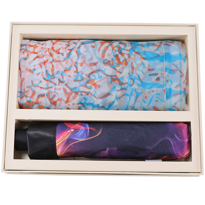 

Paradise umbrella gift box set with three folds of small black umbrella umbrella blue silk long scarf