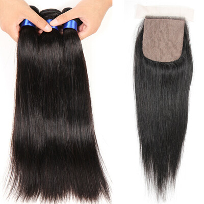 

Malaysian virgin hair with closure straight silk based closure with bleached knotss 3/4pcs human hair with closure malaysian hair