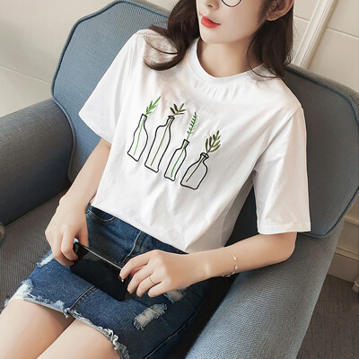 

Long Yue Women Korean version of the small fresh embroidery printing short-sleeved T-shirt loose round collar fashion wild shirt LWTD172206 white