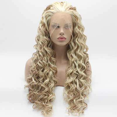 

Iwona Hair Curly Long White Light Blonde Auburn Mix Wig Half Hand Tied Heat Resistant Synthetic Lace Front Wig