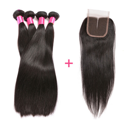 

BHF Hair Brazilian Straight With Closure 4 Связки с закрытием Прямая оценка 8A Необработанные девичьи волосы с закрытием