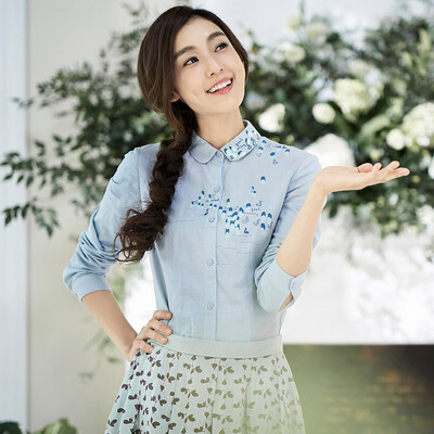 

INMAN literary fan fun taste embroidery embroidery wild shirt female 1871011219 shallow blue