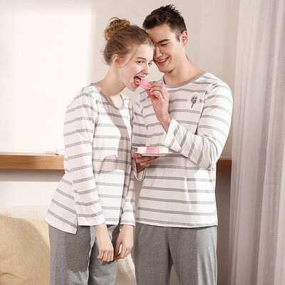 

Red beans home couple pajamas men&women spring&summer cotton long-sleeved striped cartoon home clothing suit 119 Ma gray 175 96A