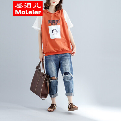 

200 pounds of fat MM code 2017 summer collage gauze hooded T-shirt