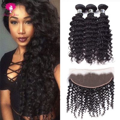 

Amazing Star Hair 7A Peruvian Hair 3 Bundles with Lace Frontal Deep Wave Hair Bundles with Frontal Human Hair Weave with Closure