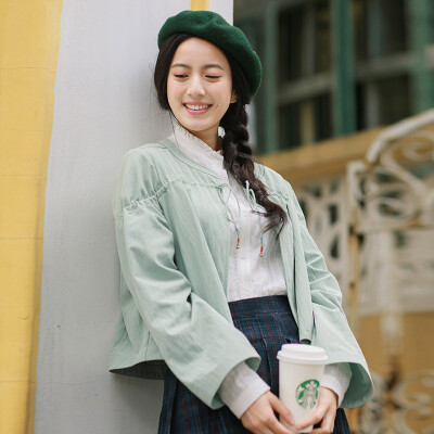 

Yan Man INMAN 2017 autumn new speaker sleeve drawstring round collar cardigan short jacket female 1873042058 bamboo green M