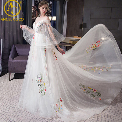 

Evening Dresses Embroidery Long Tail Flutter Sleeve Long Women Prom Gown 2017 New Chiffon Summer Style Special Occasion Dresses