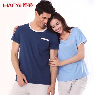 

Han Choi HACAI pajamas women short sleeve 2017 modal solid color round neck home clothing suit light blue 16590 L